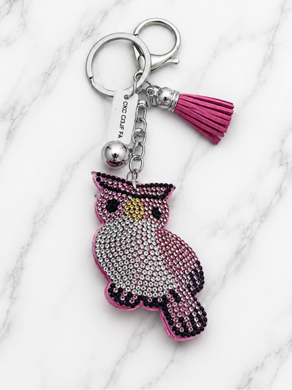 Pink and White Rhinestoned Owl Bag Charm/Keyring on Silver Hardware